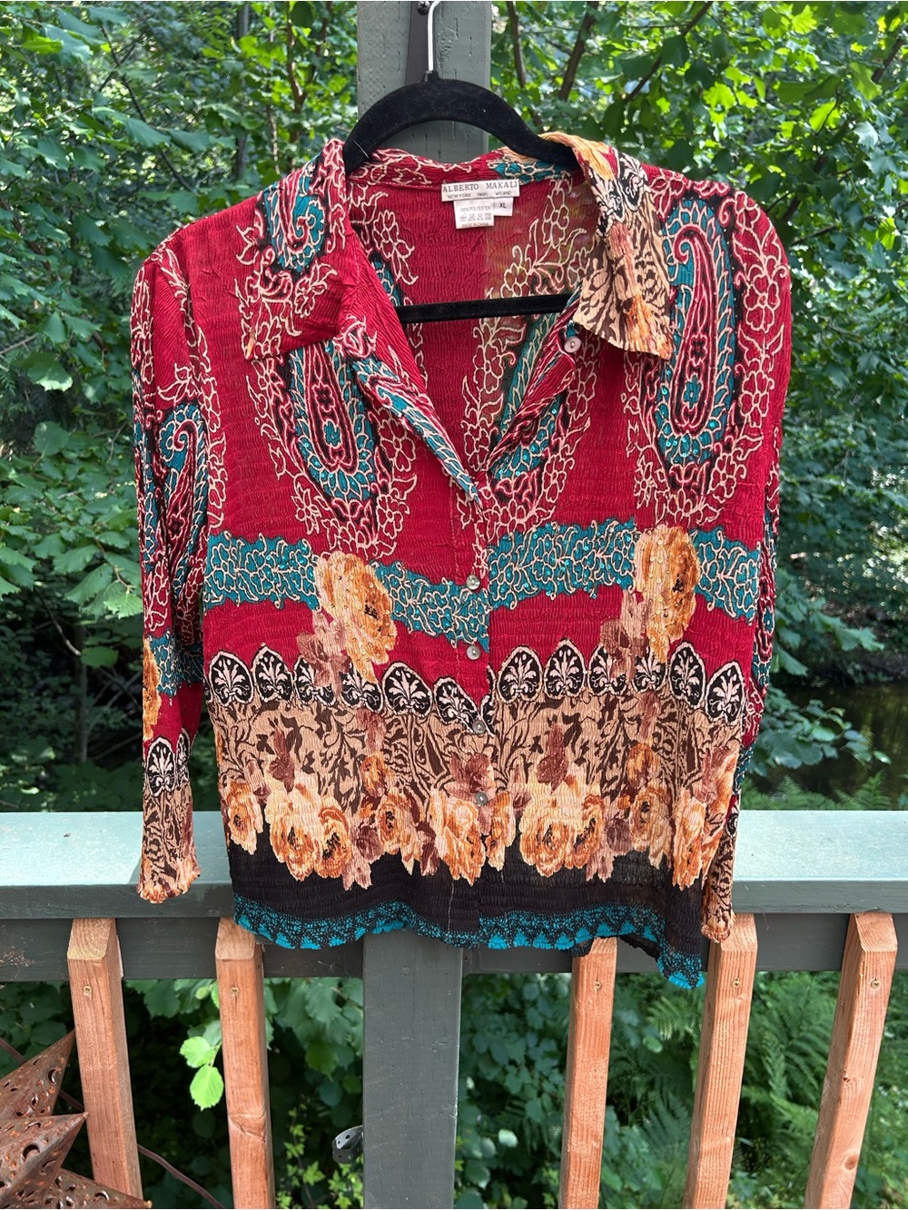 Alberto Makali Red Paisley & Floral Button-Front Shirt with Teal Accents